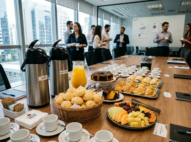 Coffee Break Premium com mesa gourmet para eventos corporativos